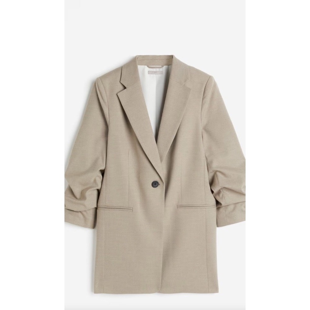 H&M Linen Blend Gathered Sleeve Open Front Blazer Jacket Women's Size XL